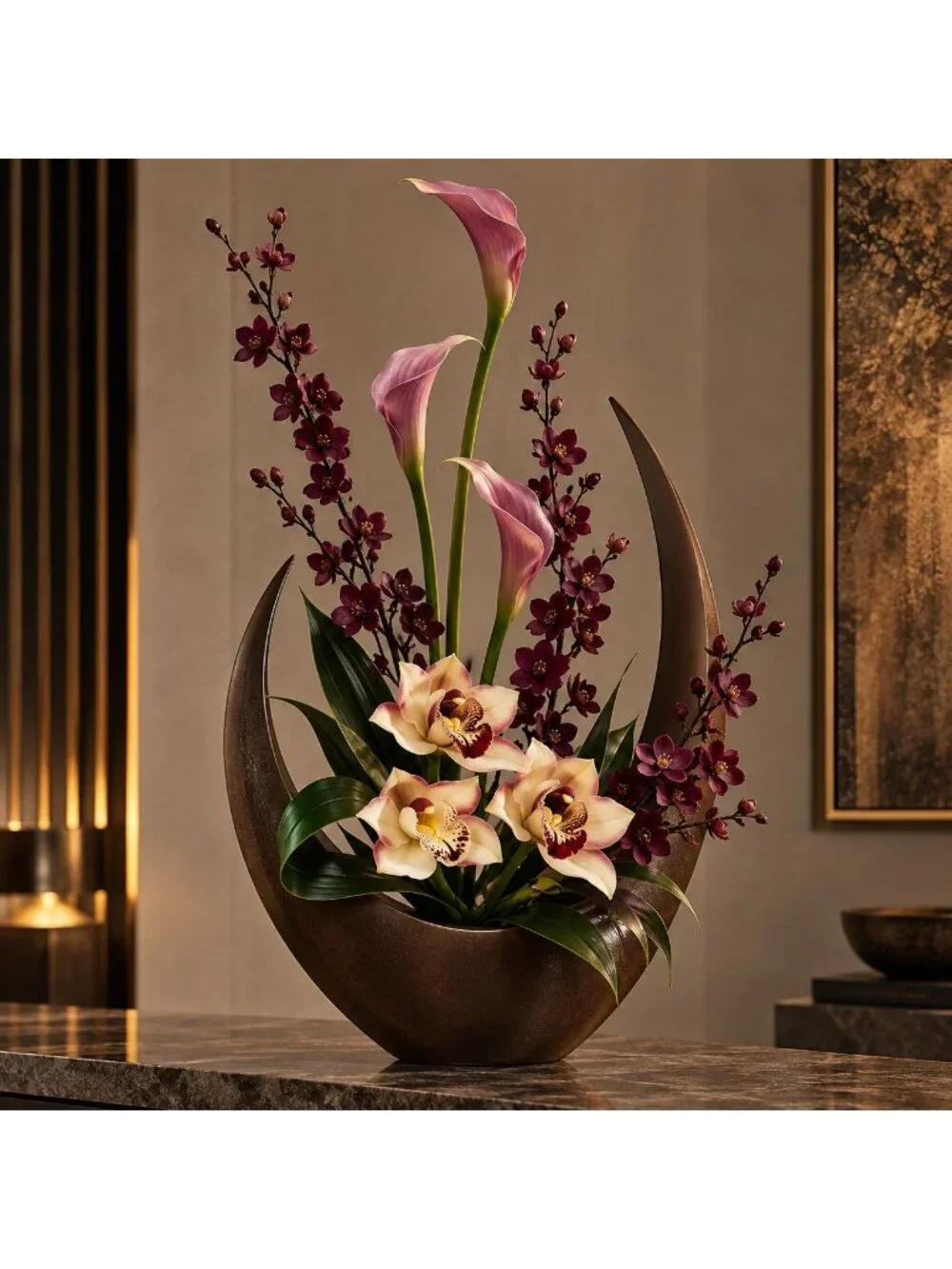 Artificial Cymbidium Orchid Bouquet 7 Stems Cream Blush Plum Coffee Faux Flowers